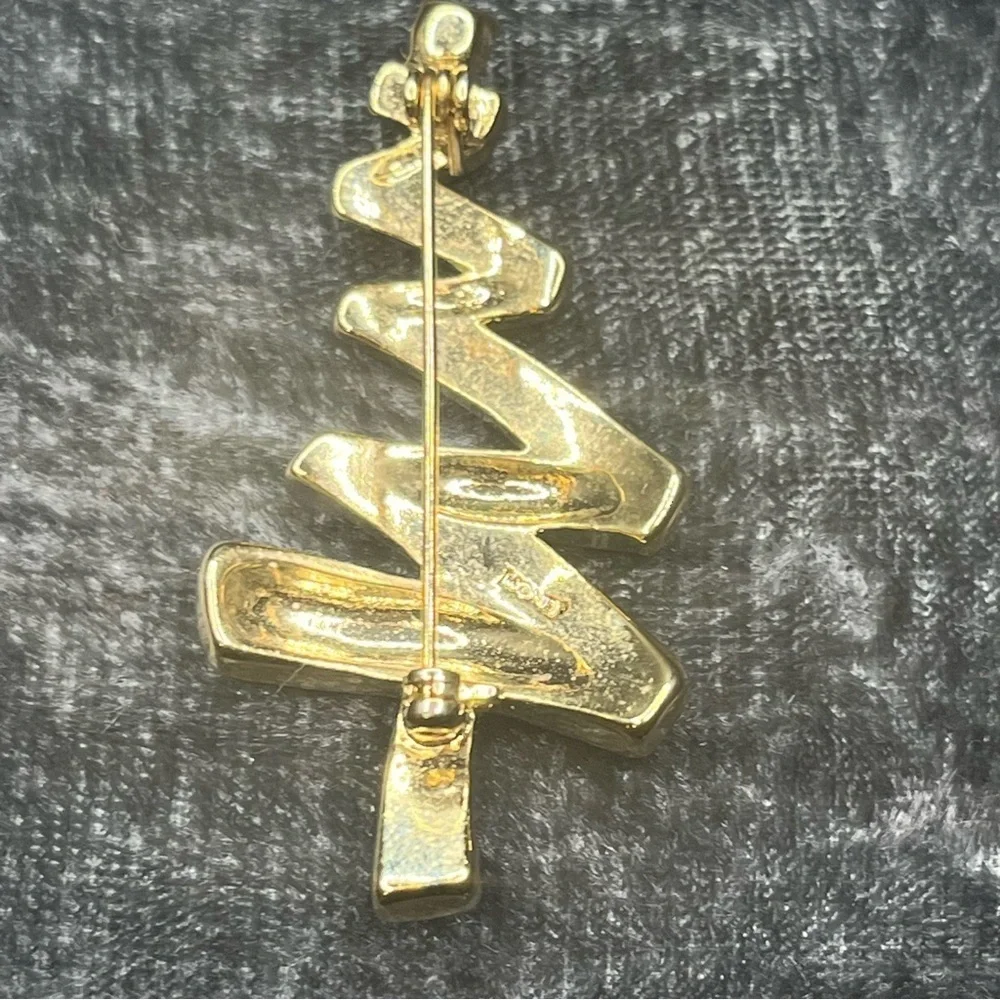 Monet vintage zig zag Gold Tone Christmas Tree Brooch with Rhinestones
